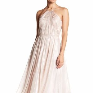 VERA WANG Metallic High Neck Halter Pleated Chiffon Skirt Gown Dress
